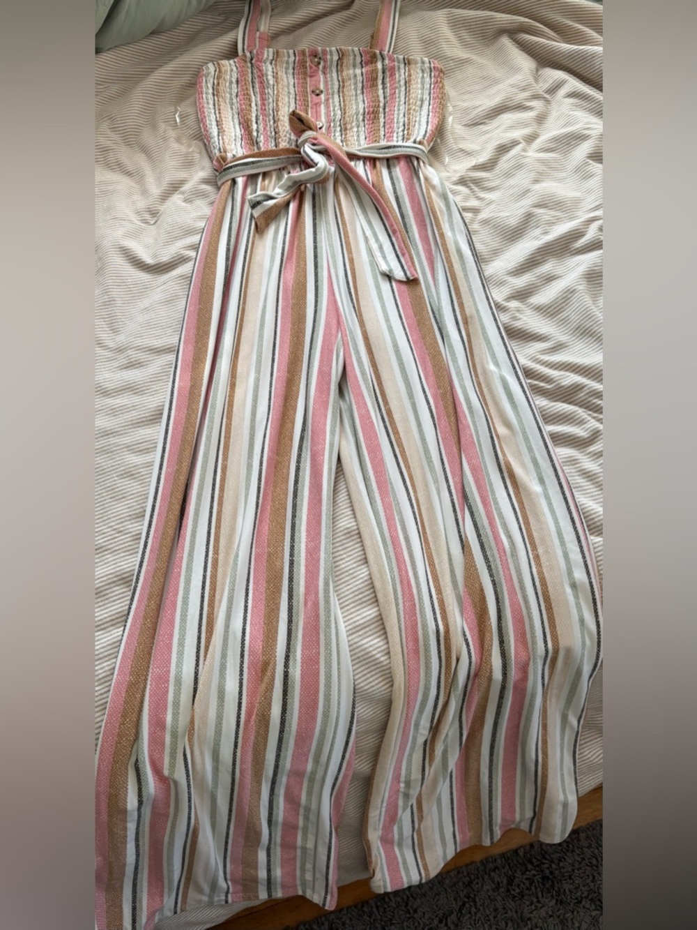 No Boundaries Striped Wide-Leg Jumpsuit in Pink, Tan & White
